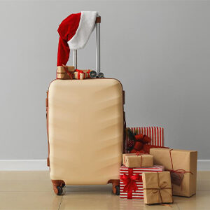 suitcase with santa hat